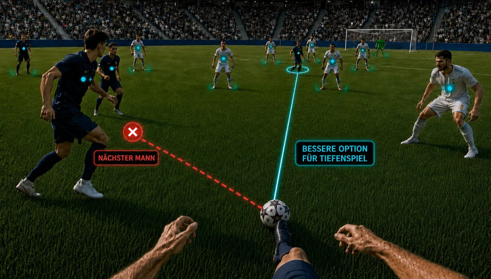 Fußballspieler filtert eine riskante Anspieloption und wählt die sichere Lösung